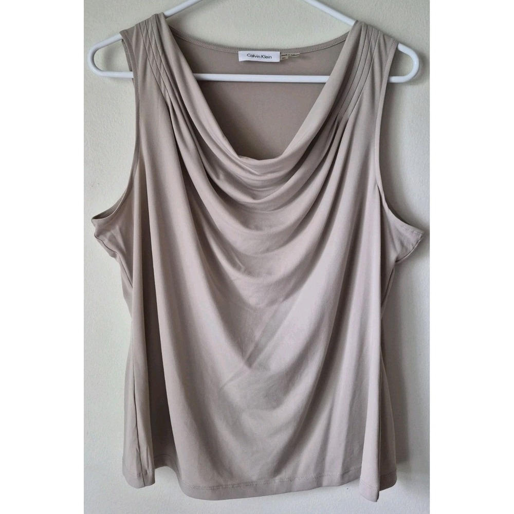 Calvin Klein Womens M Beige Cowl Neck Sleeveless Draped Career Blouse Top
